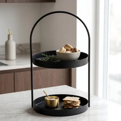 Produktbild von Metall Etagere Schwarz 2 Etagen H45cm Matt Servierplatte Servierständer Buffet