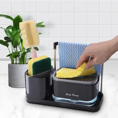 Produktbild von Spülmittelspender Set für die Küche, Organizer in Schwarz mit Tablett und Schwammhalter, wiederbefüllbar für die Küchenspüle