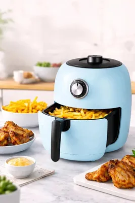 A light blue air fryer is shown on a kitchen counter, surrounded by food items like french fries and chicken wings.