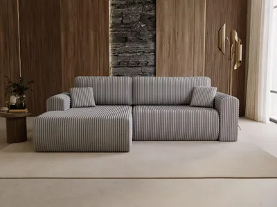 Produktbild von GrainGold Ecksofa L-Form Links Belvio-  Ecksofa mit Schlaffunktion und Bettkasten - Moderne Ecksofa, Wohnzimmer Ecksofa - Eckcouch Hellgrau (Tilia 86)