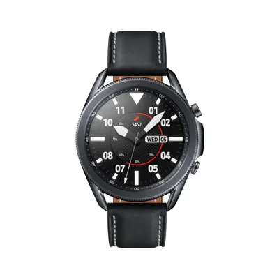 Produktbild von Samsung Galaxy Watch3 Smartwatch, Schwarz, Leder/Edelstahl, 1.4 Zoll (3.56 cm) Super AMOLED Display, EKG, SpO2, Herzfrequenz, Schlafanalyse, Sturzerkennung, GPS, NFC, WLAN, Bluetooth, drehbare Lünette, MIL-STD-810G, kabelloses Laden, Fitness & Gesundheit, 45x46.2x11.1 mm (BxTxD), 53.8 g, 8 GB Speicher, 1024 MB RAM, Android & iOS kompatibel