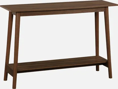 A dark brown wooden console table with a shelf.