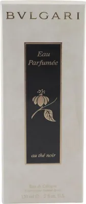 BVLGARI Eau Parfumée au Thé Noir Eau de Cologne, elegante weiße Box mit schwarzem Mittelstreifen, Goldprägung und minimalistischer Gestaltung.