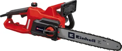 A red and black electric chainsaw is shown against a white background.