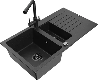 Produktbild von Mexen Matias 1,5-Becken-Granitspüle mit Abtropffläche und Mischbatterie Duero, Schwarz/Silber - 6502-73-671600-70-B