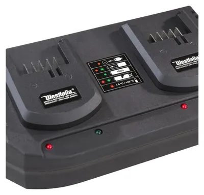 A close-up, angled view of a black Westfalia dual battery charger.