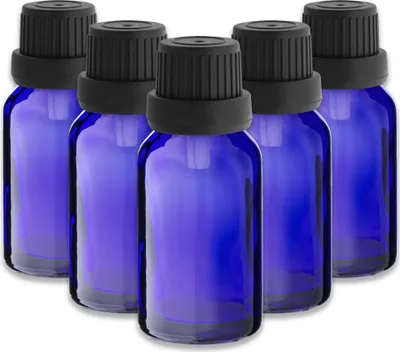 Produktbild von 5x Blaue Glasflasche 15 ml mit schwarzem Tropfer – Kosmetikflasche