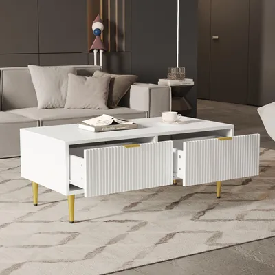 Productafbeelding van Witte salontafel, met gouden accenten, 2 lades, gestreept design