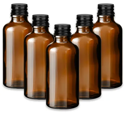 Produktbild von 5x Braune Glasflasche 50 ml mit schwarzem Aluminium Schraubverschluss