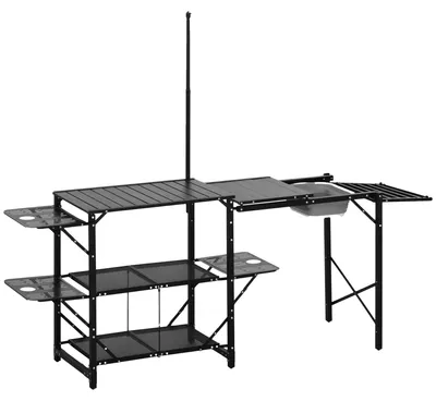 Image de Table de cuisine pour camping, portable, avec étagères, de couleur noire