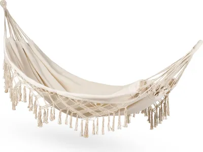 Produktbild von Outtec® Hängematte - 200x150 cm, bis 200kg - Boho Baumwoll Hammock für Outdoor, Garten, Balkon - für Kinder und Erwachsene - Beige