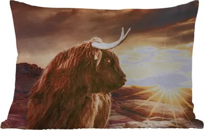 Produktbild von MuchoWow® Outdoor Kissen - Schottisches Hochlandrind - Sonne - Horizont - Kuh - Tiere - 60x40 cm - Wetterfest - Lounge Kissen - Zierkissen - Kissen für Innenräume
