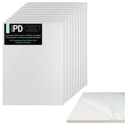 Zdjęcie produktu dla Samoprzylepne płyty z pianki lekkiej 70 x 100 cm, białe, grubość 10 mm (10 sztuk) – Foamboard, płyta z pianki i pianka lekka do rękodzieła / modelarstwa