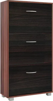 A dark wood shoe cabinet with three flip-down drawers and silver handles, standing on small silver feet.