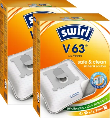 Two boxes of Swirl V63 vacuum cleaner bags are shown, with one box in the foreground and another slightly behind it.
