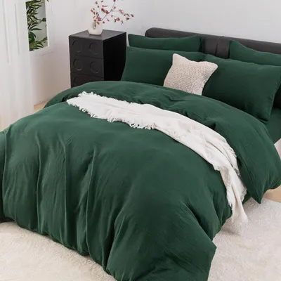 Zdjęcie produktu dla Komplet pościeli 155x220 cm, ciemnozielony, 100% bawełna muselina, 3-częściowy, z zamkiem