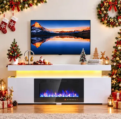 Produktbild von Elektrokamin mit TV Schrank 160 cm, 1500W 30'' Einbaukamin, 3D-Flammeneffekt, RGB-LED Lichtband, 2 Seitenfaecher, Fernbedienung und App-Steuerung