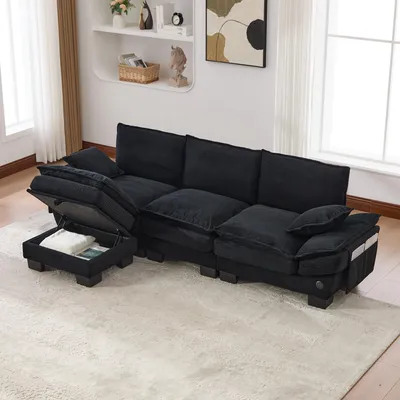 Immagine prodotto di Divano modulare okwish, a 3 posti, con 1 poggiapiedi, ampia seduta ergonomica, divano lounge con porta USB-C, divano per soggiorno con tasche laterali, in velluto, colore nero