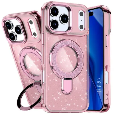 Image de Coque pour iPhone 17 Pro, Protection Hybride avec Cercle Magnétique Scintillant - Rose