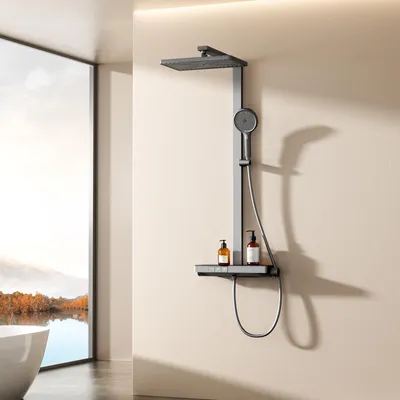 Produktbild von EMKE Duschpaneel, Thermostat, Regendusche, Wasserfall-Effekt, Klaviertasten, 3-in-1, Ablagefläche, Aluminiumlegierung, Anthrazit Matt, 36x24cm, KTW, G1/2-Standard