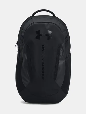 A black Under Armour backpack is shown against a light gray background.