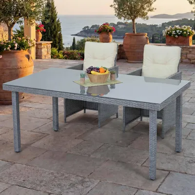 Produktbild von Poly-Rattan Gartentisch Cava, Esstisch Tisch mit Glasplatte, 160x90x74cm  grau