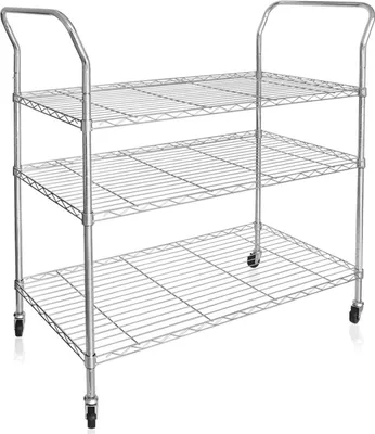 A three-tier chrome wire shelving cart with handles and wheels, shown against a white background.