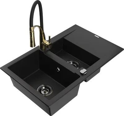 Produktbild von Mexen Gaspar 1,5-Becken-Granitspüle mit Abtropffläche und Mischbatterie Aster, Schwarz - 6507-77-73450-57-B