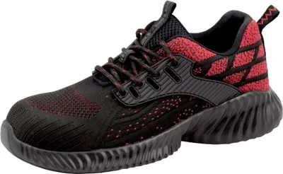 A single black and red work shoe is shown against a white background.