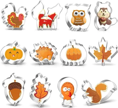 Obrázok produktu pre 12-dielna jesenná sada vykrajovačiek na sušienky pre deti, nerezová oceľ, vykrajovačka na sušienky na Deň vďakyvzdania, tekvica, líška, dubový list