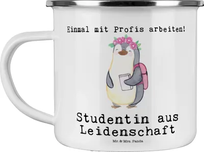 Produktbild von Mr. & Mrs. Panda emaillebecher Studentin Leidenschaft - Weiß - Geschenk, Pott, Haferl, Emaille Tasse, Teetasse, becher, Teebecher
