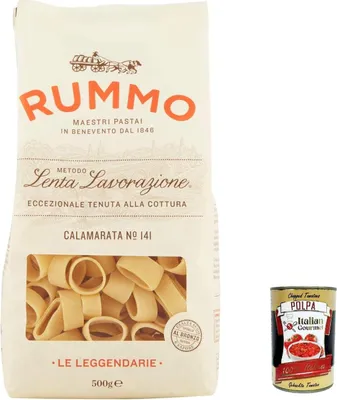 Produktbild von 12x Rummo Calamarata N°141 Pasta Lenta Lavorazione Teigwaren aus Hartweizengrieß Bronze-Zeichnung 500g + Italian Gourmet polpa 400g