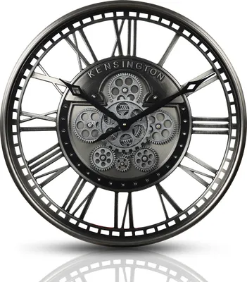 A close-up studio shot of a decorative wall clock with Roman numerals and visible gears.