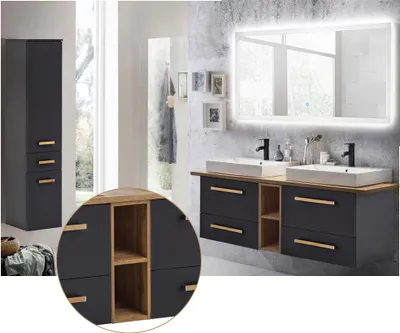 Produktbild von Badmöbel Set anthrazit mit Landhaus Eiche DABO-04 Doppelwaschtisch, LED-Spiegelschrank & Hochschrank,  B/H/T 210/200/50 cm