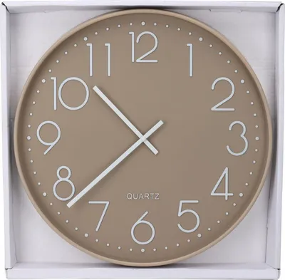 A taupe wall clock with white numbers and hands, presented in its packaging.