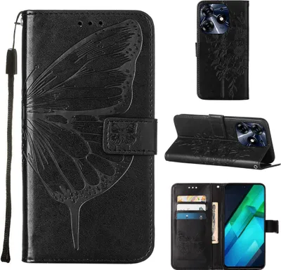 Obrázek produktu pro Pouzdro pro Tecno Spark 10 Pro Motýlí Reliéf Flip Kožené Pouzdro s Kapsami na Karty a Stojánkem černé