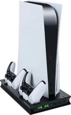 Produktbild von Playstation 5 Oplaadstation mit Ventilator - Für 2 Controller - Schnellader - 3 USB Anschlüsse - Mit LED Anzeigen - Controller Ladegerät für PS5 - PS5 Zubehör - Schwarz