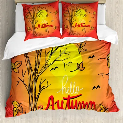 Produktbild von ABAKUHAUS Herbst Bettbezug Set, Hand gezeichnete Fall-Landschaft mit einem Zitat wärmen farbige saisonale Natur-Illustration, 155 x 220 cm + 80 x 80 cm, Mehrfarbig