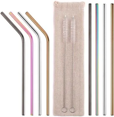 Produktbild von Famanu Metallröhrchen 8 Stück – wiederverwendbare Edelstahl-Trinkhalme mit Reinigungsbürste – vielseitig einsetzbar