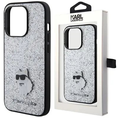 Produktbild von Karl Lagerfeld Feste Glitzer-Choupette-Logo-Metallpin-Hülle für iPhone 15 Pro Max  Silber Handyhülle