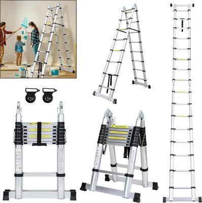 Produktbild von Yakimz teleskopický výsuvný rebrík skladací rebrík stabilný hliníkový rebrík do 150 kg 2,5 m + 2,5 m strieborný bez hákov So stabilizátorom S kolieskami