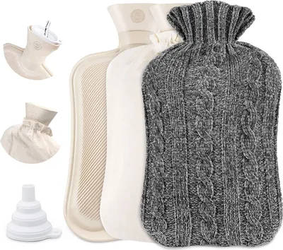 Produktbild von Wärmeflasche mit Weicher Premium Flauschig Bezug, 2L groß Naturkautschuk Bettflasche mit Einem Wassertrichter, Hot Water Bottle für Erwachsene & Kinder Abend Winterheizung, Grau