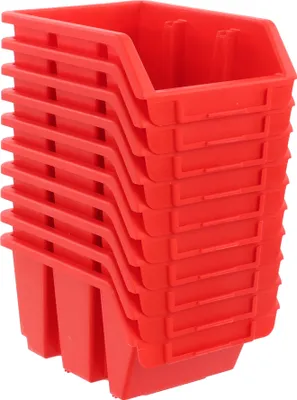 A stack of red plastic storage bins.