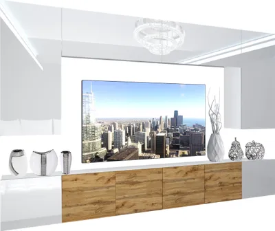 Immagine prodotto di BELINI Set di pareti attrezzate per il soggiorno Parete attrezzata moderna con illuminazione a LED Bianco lucido Parete attrezzata mobile TV Bianco / rovere Wotan lucido/opaco