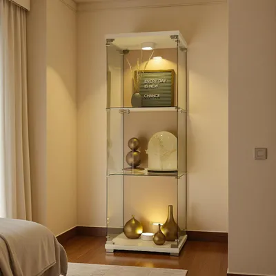 Image de Vitrine réfrigérée avec éclairage LED, 3 étagères, en bois et en verre, de couleur blanche