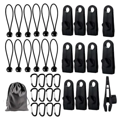 Produktbild von Set mit 37 Tarp Clips, Zeltplane Clips zur Planenbefestigung, 12 Planenspanner, 12 Nylon Zelt Bungees, 12 Karabiner und 1 Aufbewahrungstasche für Hängematten und Camping