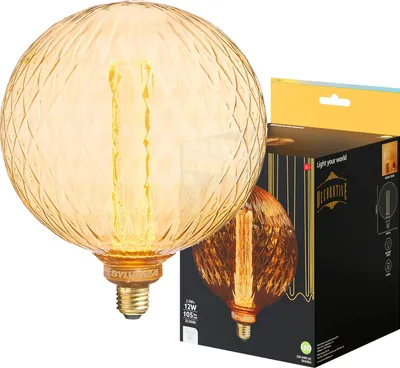 A decorative LED light bulb and its packaging.