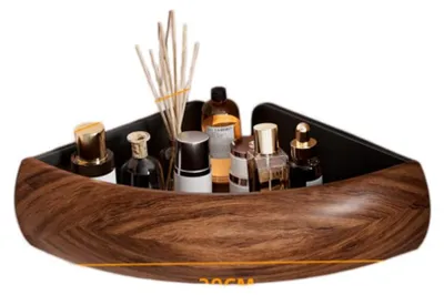 Produktbild von INF Badezimmer Eckablage abgerundet einlagig - Kohlenstoffstahl, Tiefe Holzmaserung, Selbstklebend, Erhöhter 58mm Schutzbügel, Schlitzablaufboden