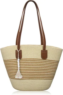 Produktbild von Strandtasche - Schultertasche aus Gewebe - Reise- und Einkaufstasche - 43 cm Breite - Beige-Braun