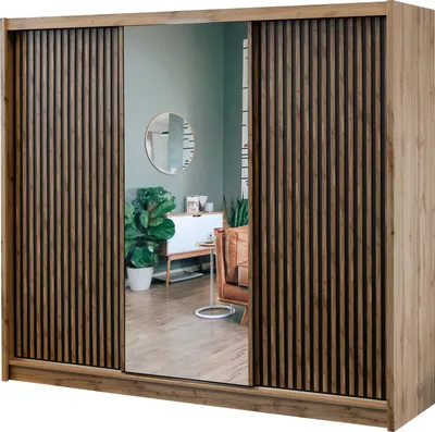 Produktbild von Furniture24 Kleiderschrank London 250 Schwebetürschrank Schrank 3 Schiebetüren Lamellentüren Wotan Eiche/Schwarz/Spiegel